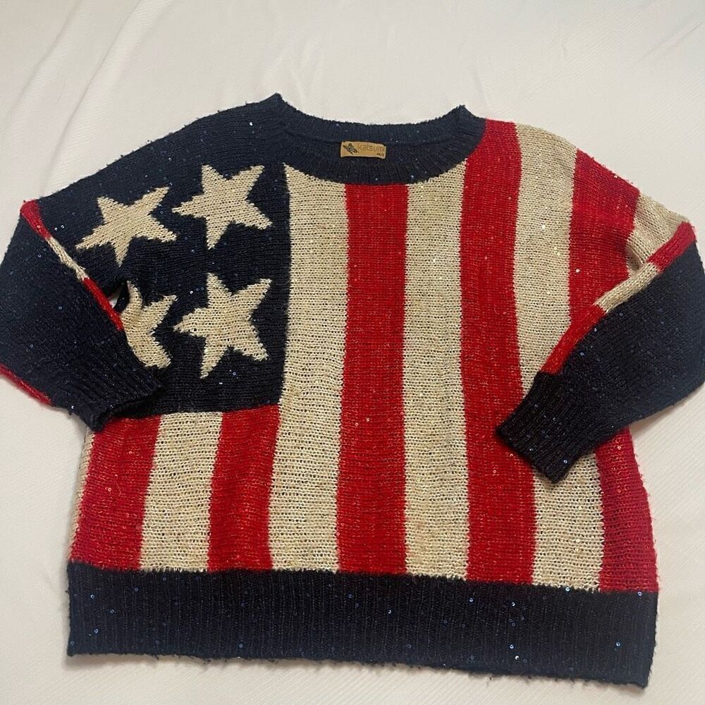Katsumi Anthropologie American Flag Fourth Of July Sweater Size Medium Large M/L